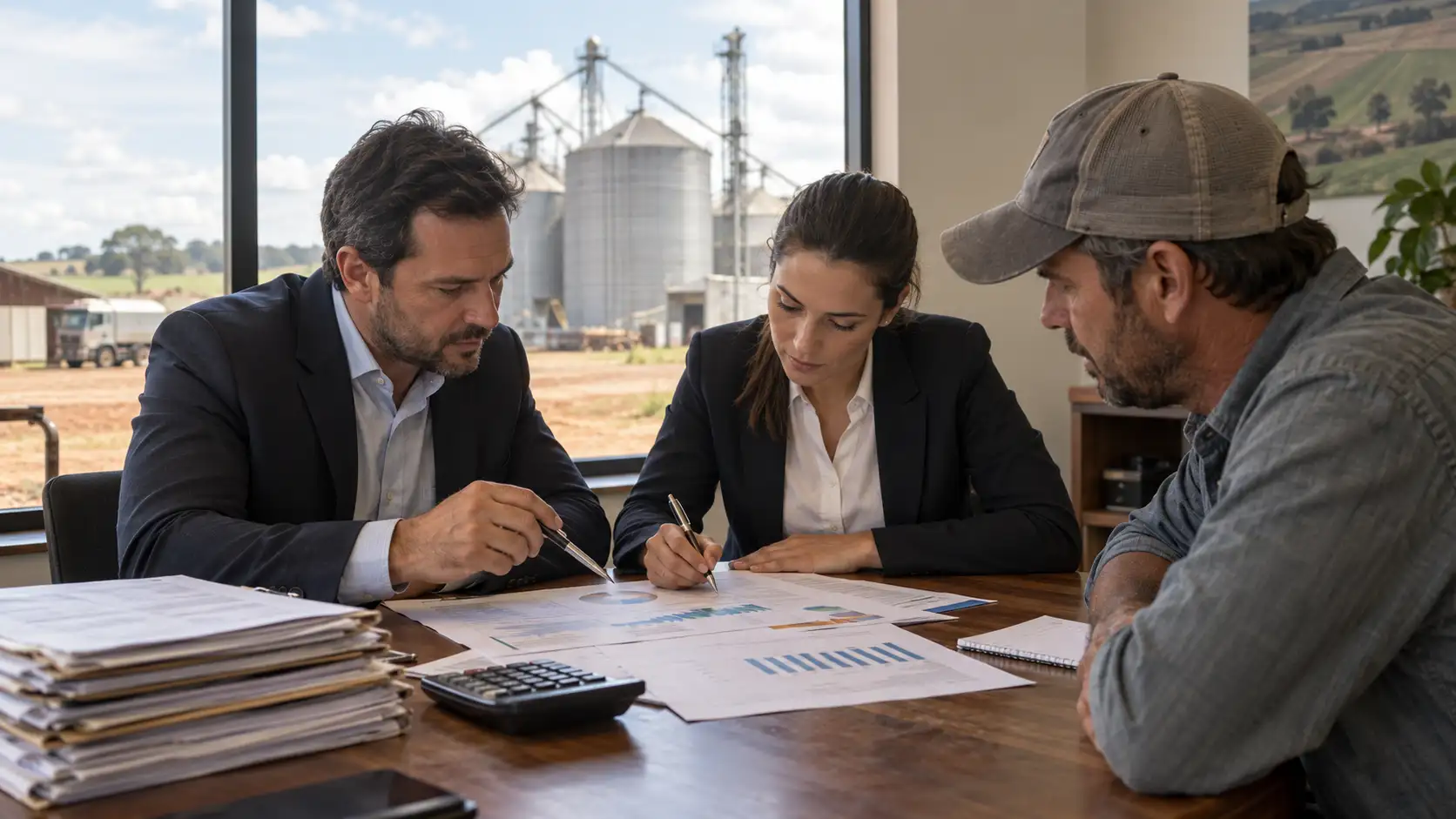 Auditores e produtor comparam cálculos financeiros em uma fazenda.
