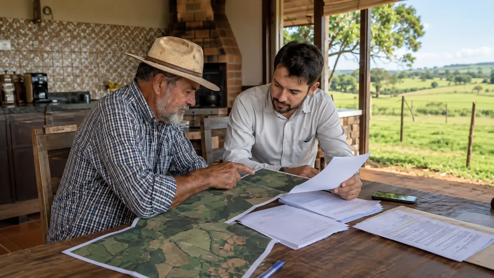 Produtor e advogado analisam mapa e documentos de hipoteca rural.