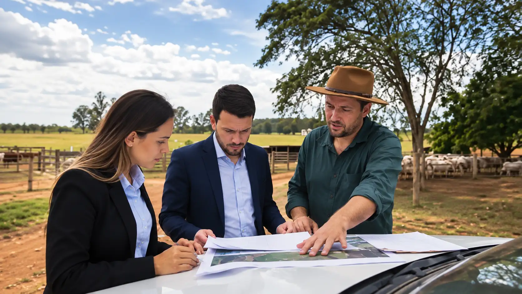 Advogados e proprietário analisam documentos e mapa de uma fazenda.