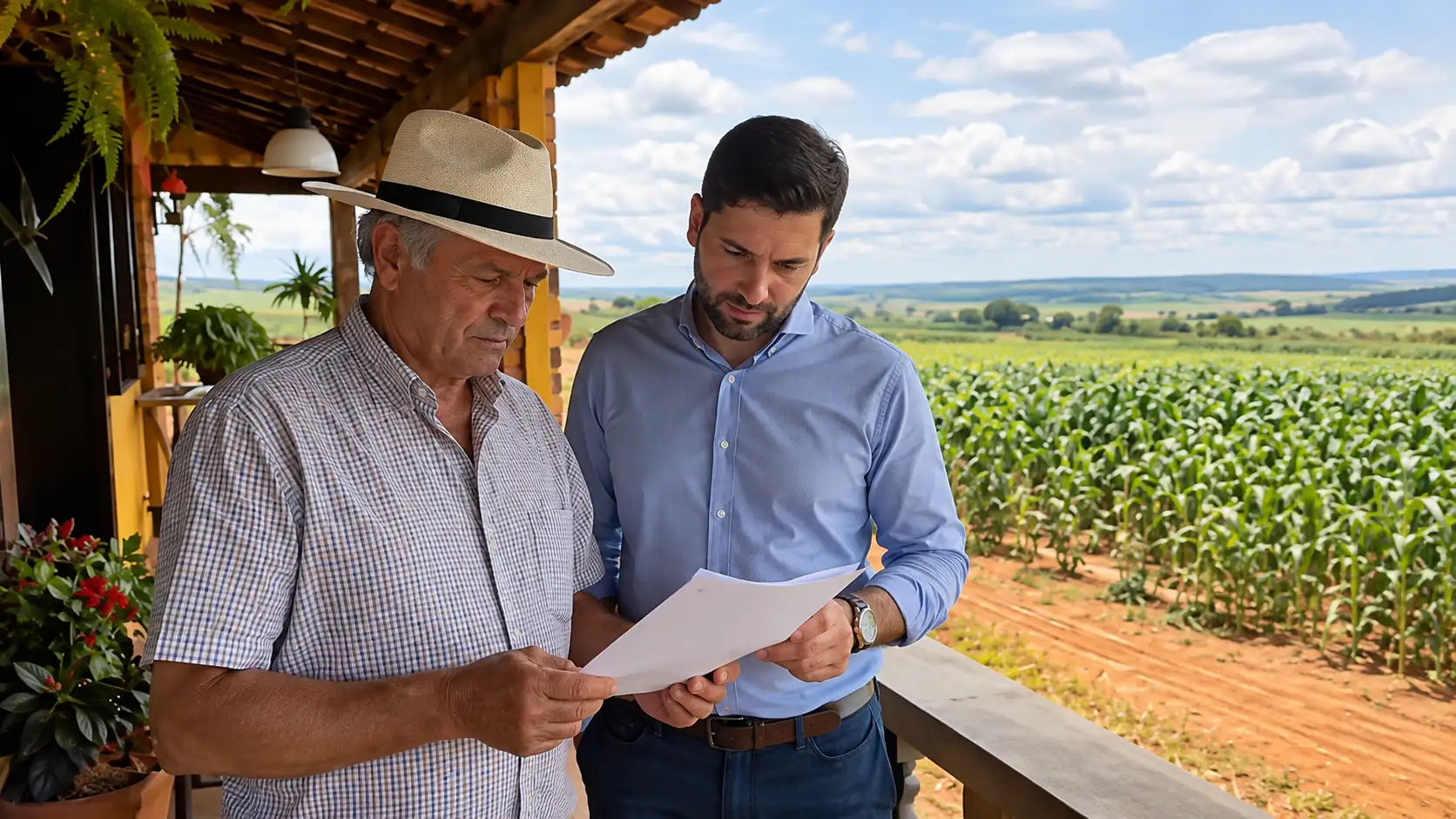 Proprietário e consultor analisam avaliação de imóvel rural antes de leilão.