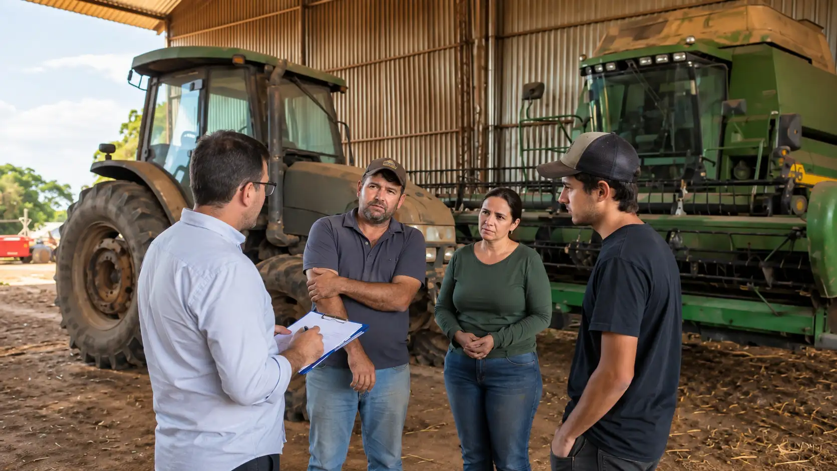 Família rural conversa com consultor diante de trator e colheitadeira.