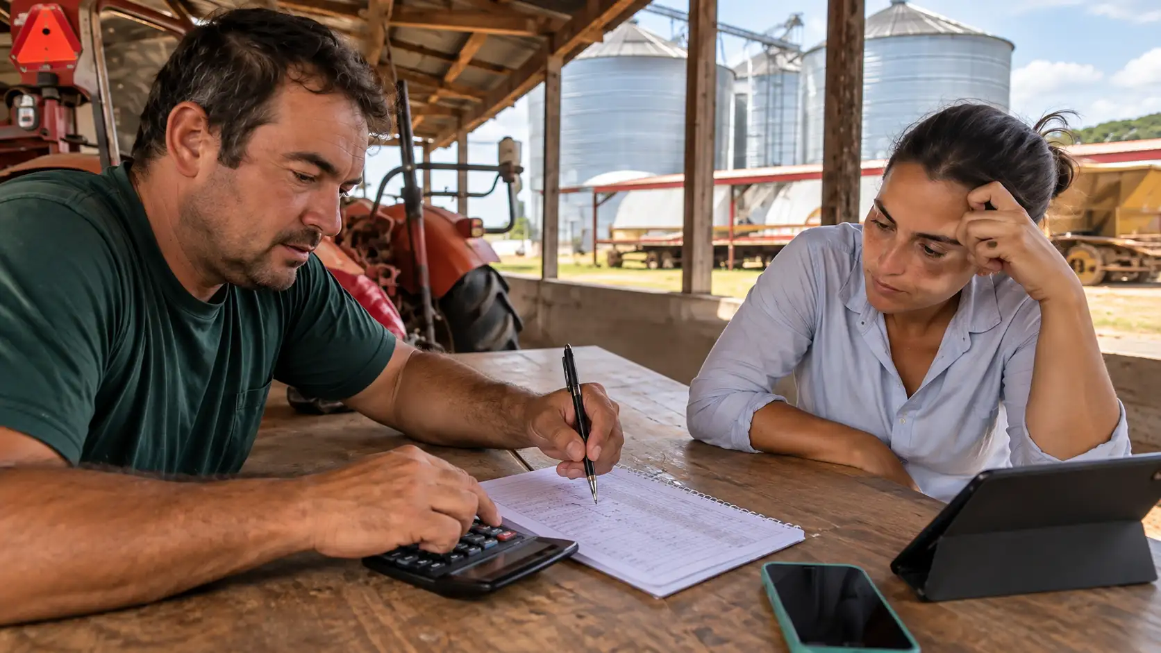 Produtor e especialista calculam a evolução dos juros de um contrato rural.