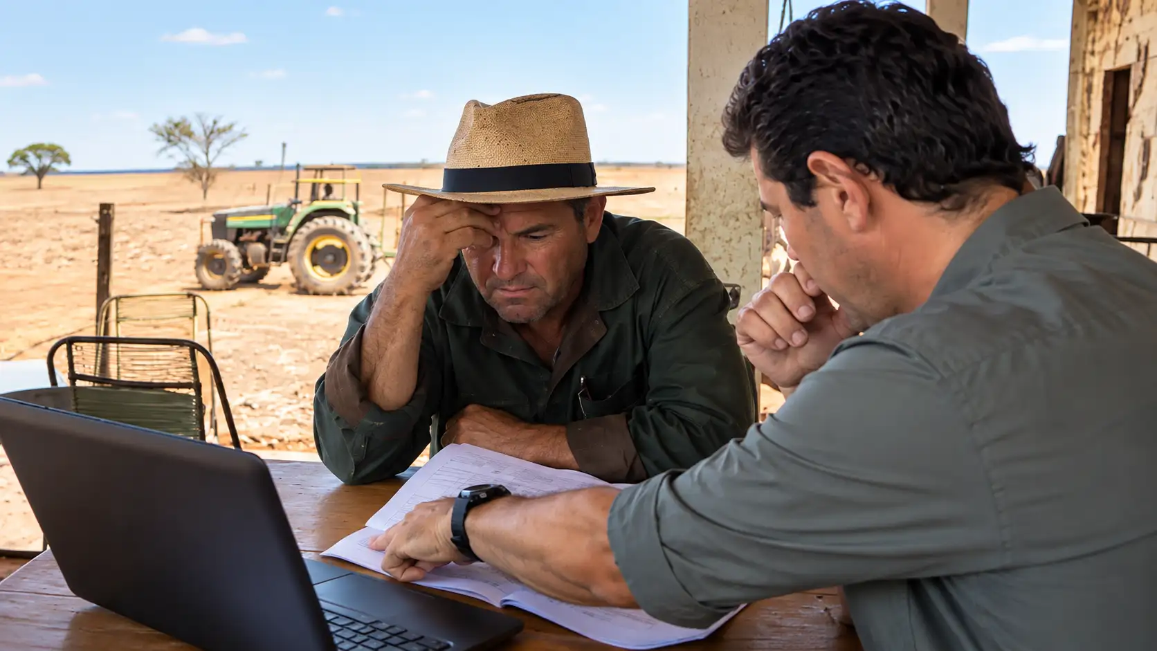 Agricultor preocupado confere cobrança bancária com uma calculadora.