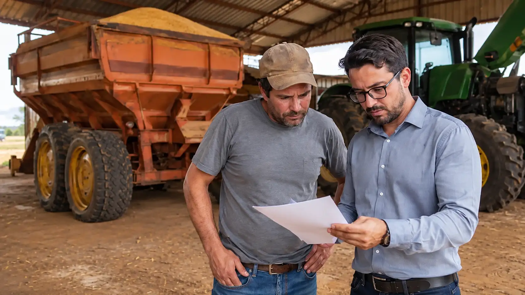 Produtor e advogado analisam ordem de penhora diante de máquinas agrícolas.