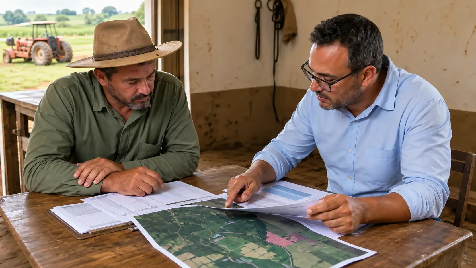 Proprietário e consultor analisam mapa da fazenda e documentos do financiamento.