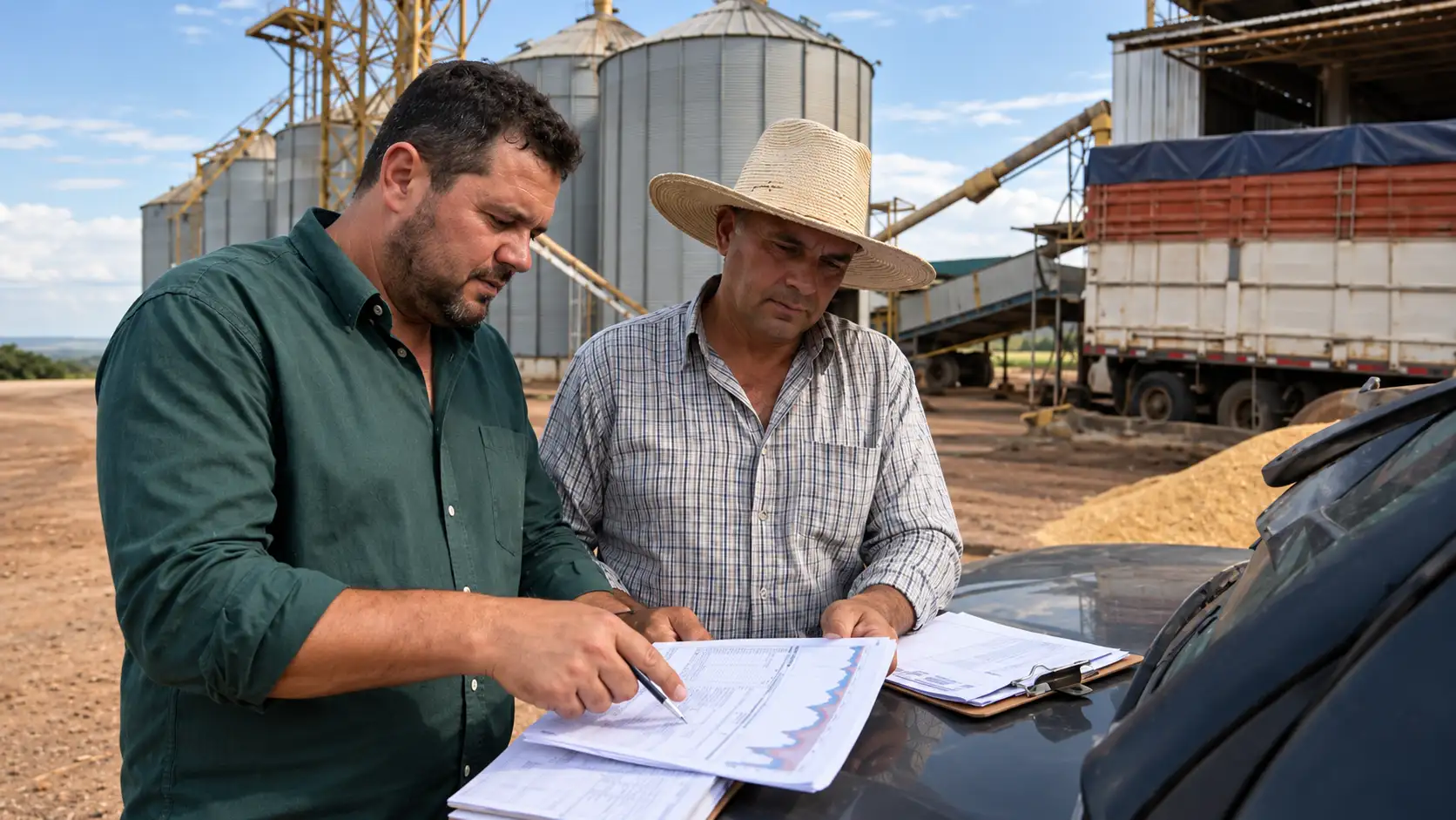 Produtores analisam gráfico cambial próximo a silos e cargas de grãos.