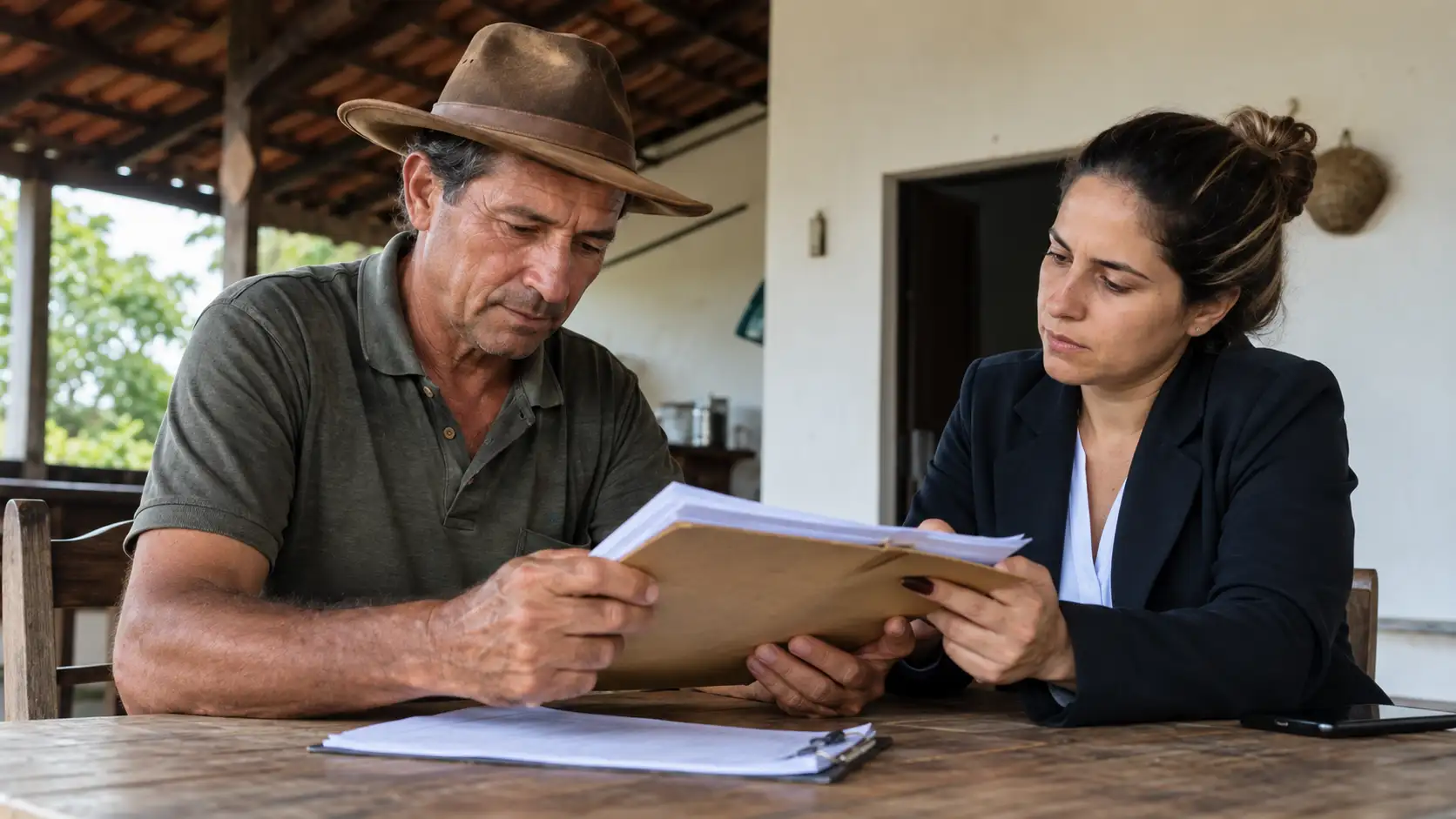 Advogada e produtor examinam pasta de uma execução de dívida rural.