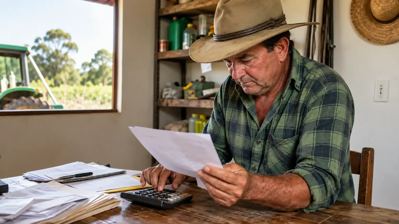 Produtor preocupado analisa parcelas do custeio com um consultor rural.