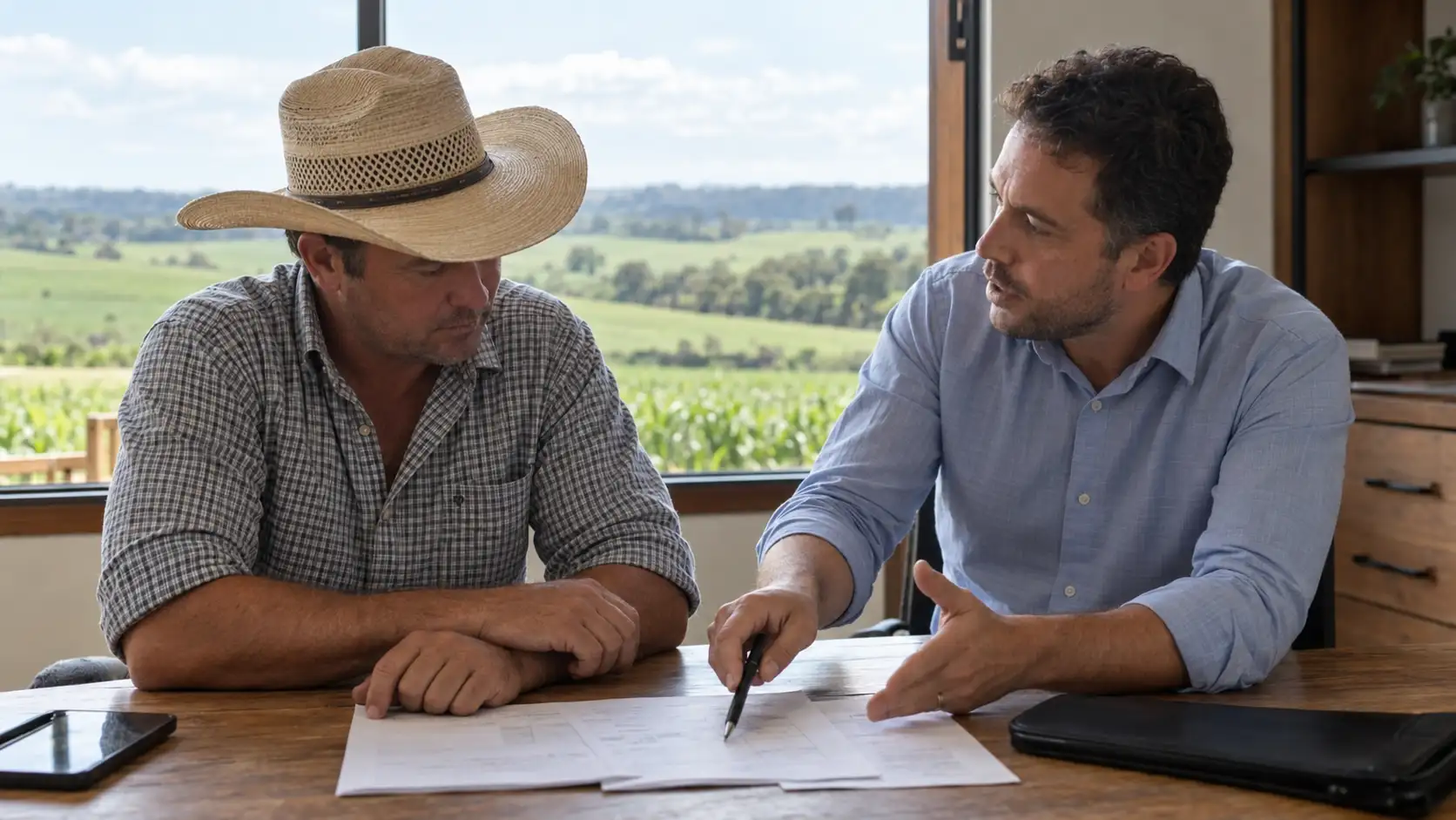 Proprietário rural conversa com consultor sobre acordo bancário para proteger suas terras.