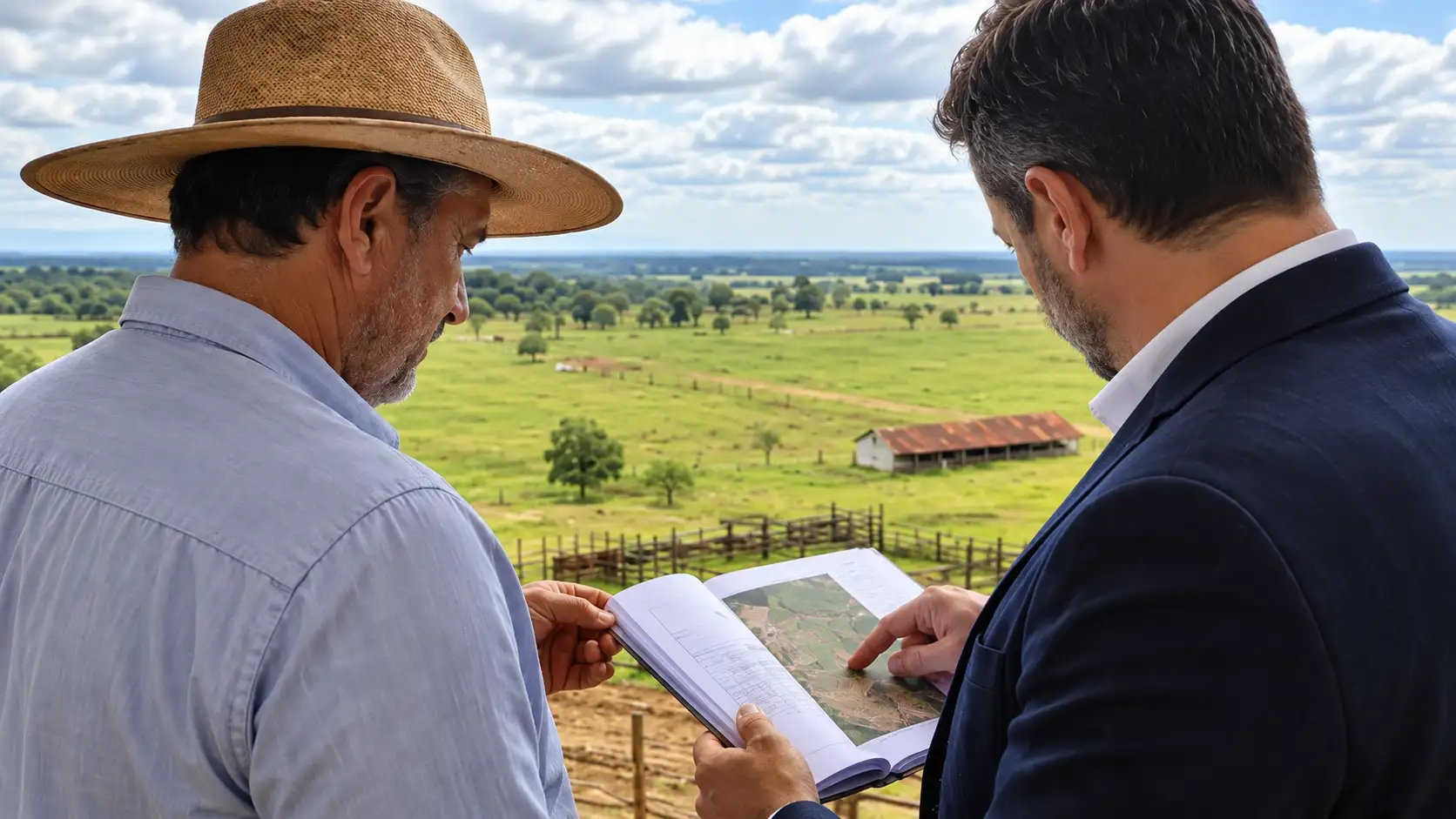 Grande produtor e advogado analisam documentos com a propriedade ao fundo.