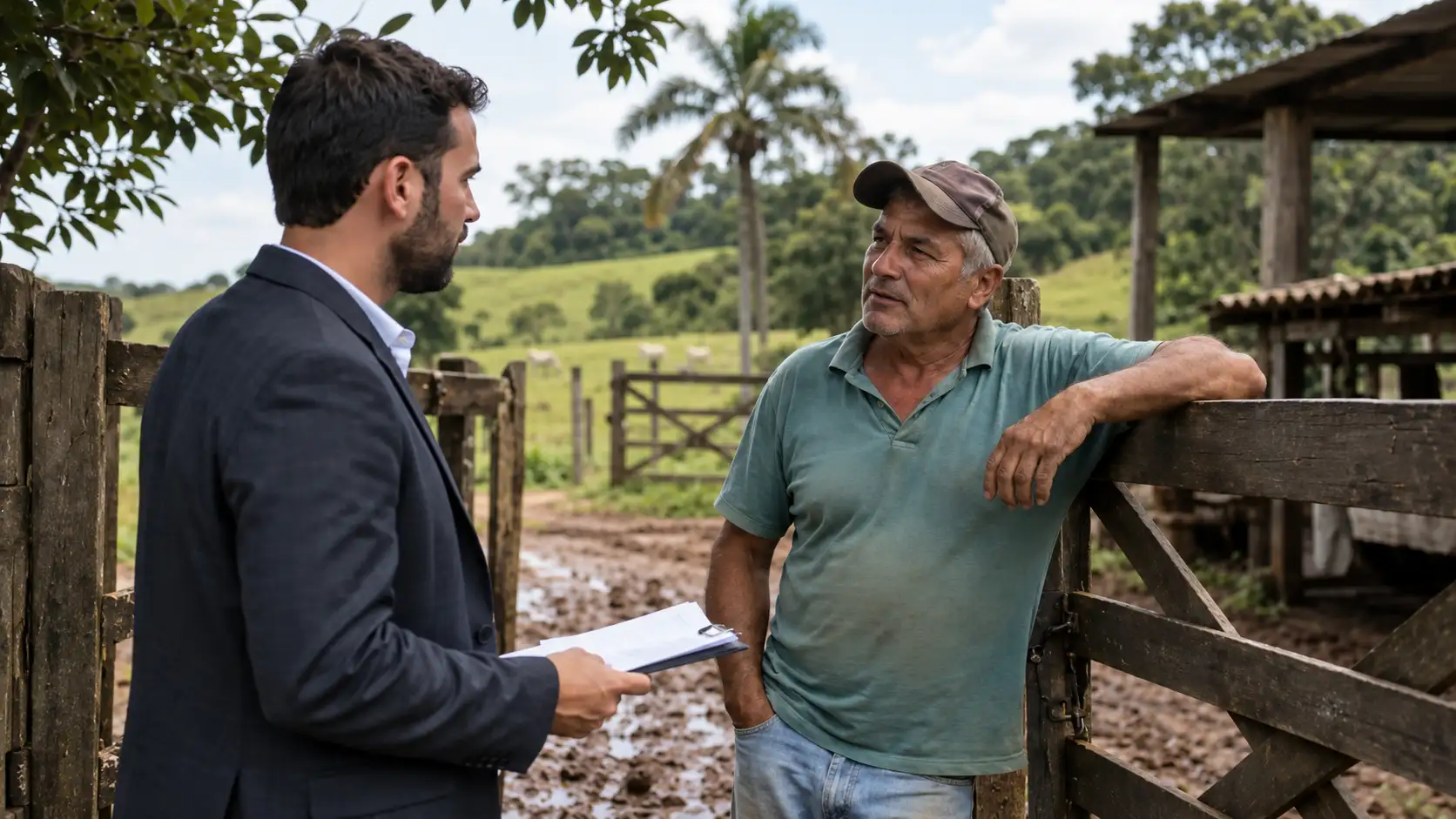 Profissional conversa com produtor no portão de uma fazenda.