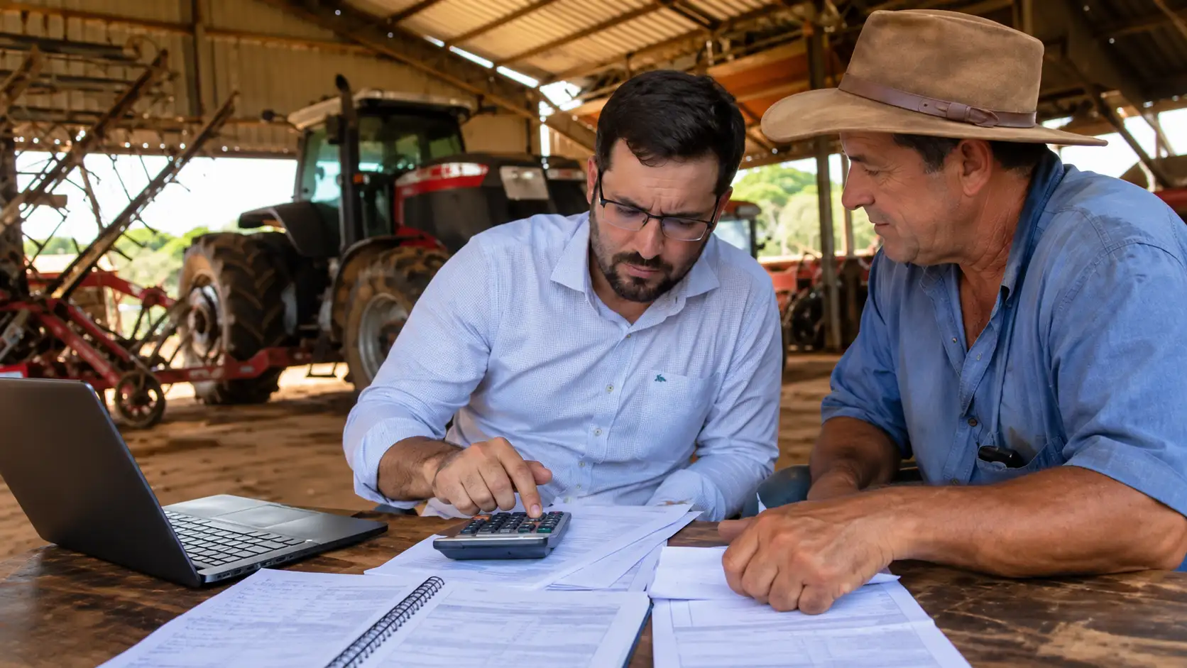 Perito financeiro e produtor conferem planilhas de um contrato agrícola.