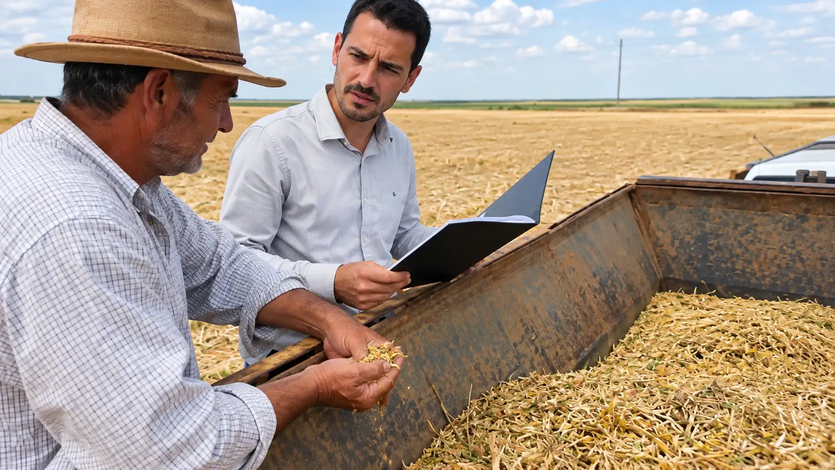 Agricultor mostra grãos de uma colheita frustrada durante análise de contrato CPR.