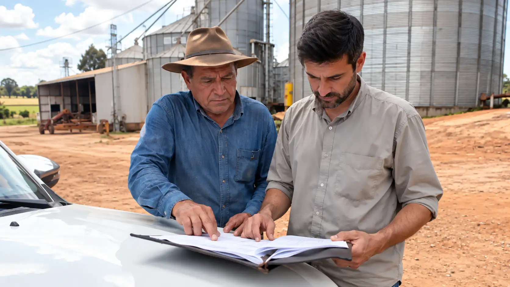 Produtor e consultor revisam financiamento diante de silos de armazenagem.