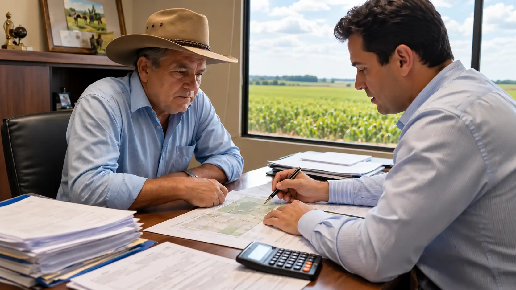 Proprietário rural e consultor revisam contratos e cálculos de financiamento.