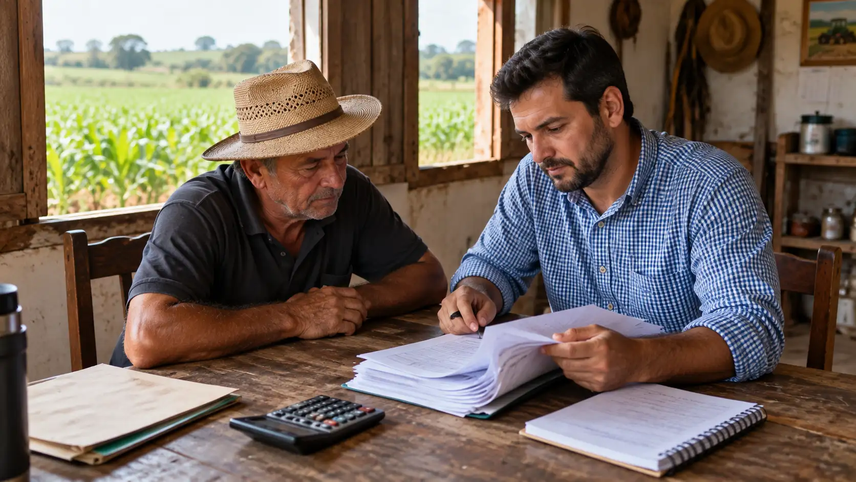 Especialista analisa uma pilha de contratos de crédito ao lado de produtor rural.