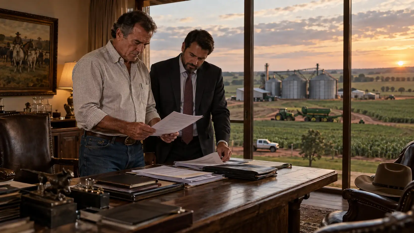 Produtor rural e consultor analisando documentos de alienação fiduciária de fazenda diante de grande propriedade agrícola
