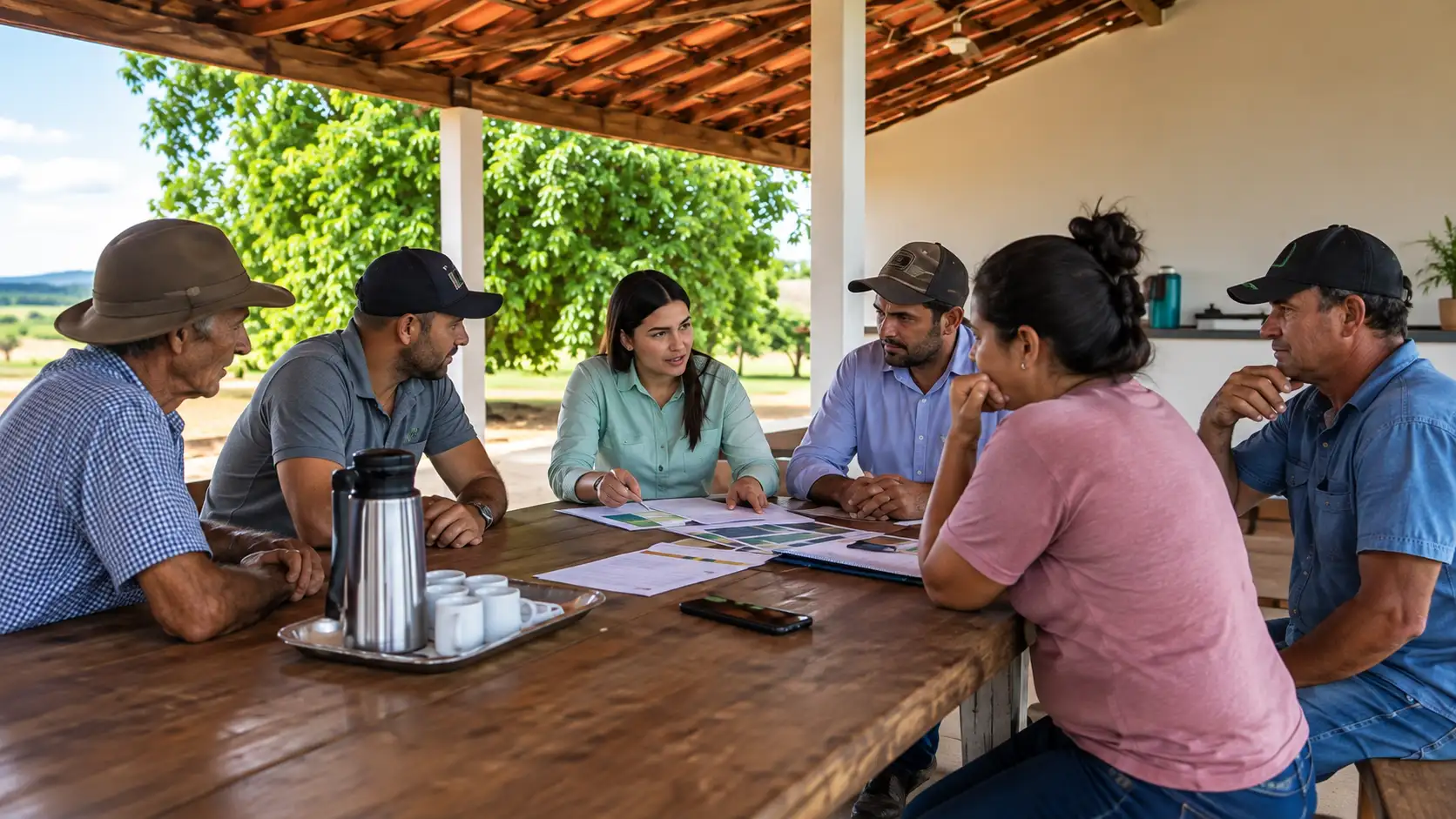 Agricultores participam de atendimento coletivo em uma cooperativa de crédito.