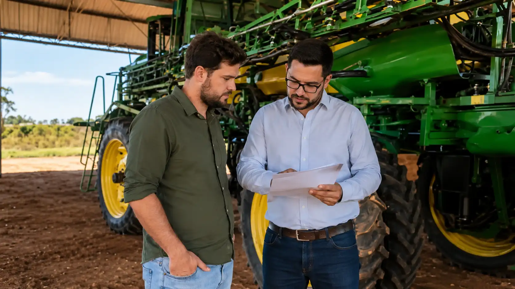 Produtor e agente de crédito analisam projeto para investimento rural