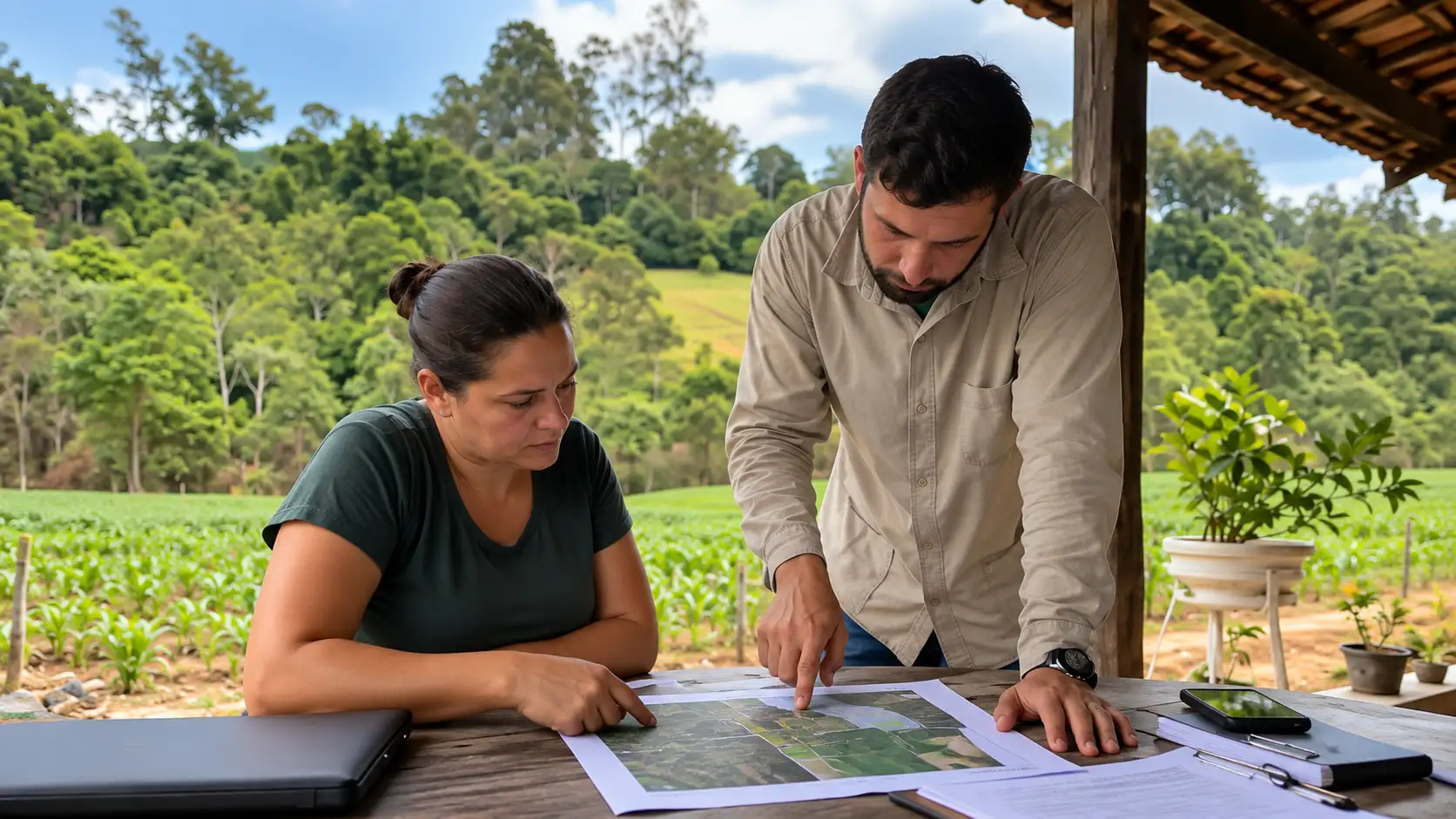 Produtora e técnico conferem mapa e documentos ambientais da propriedade.