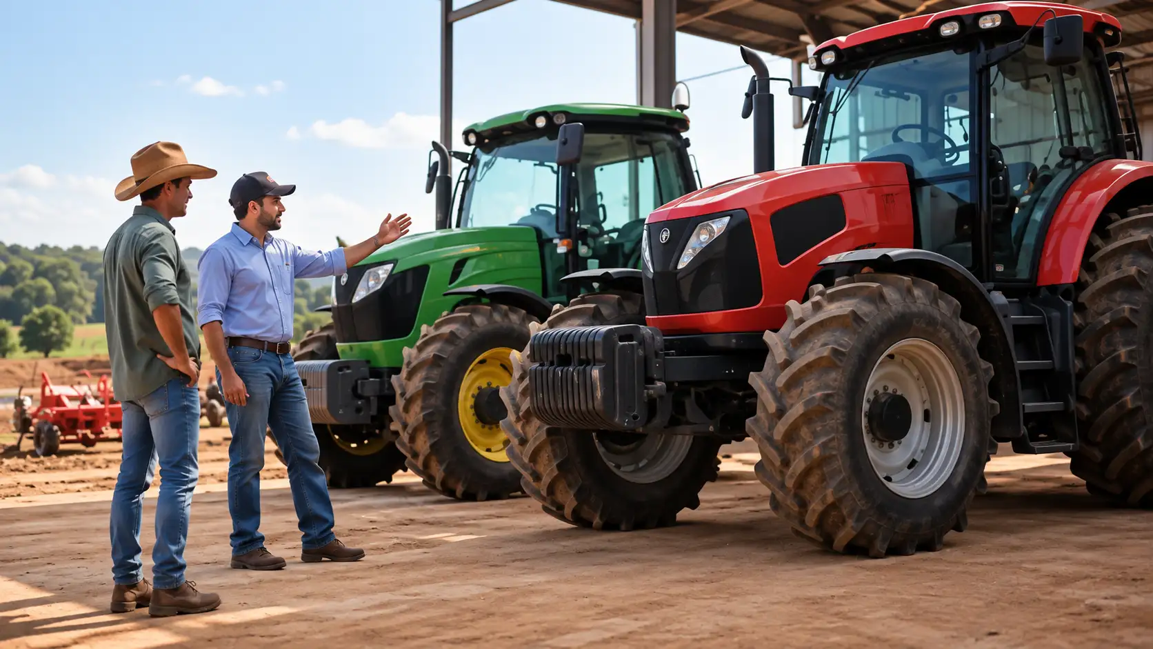 Agricultor compara máquinas agrícolas antes de escolher a forma de compra.