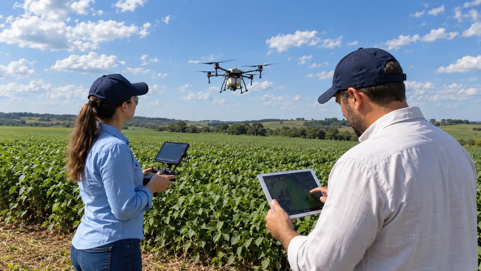 Agrônoma opera drone agrícola enquanto produtor acompanha dados da lavoura.