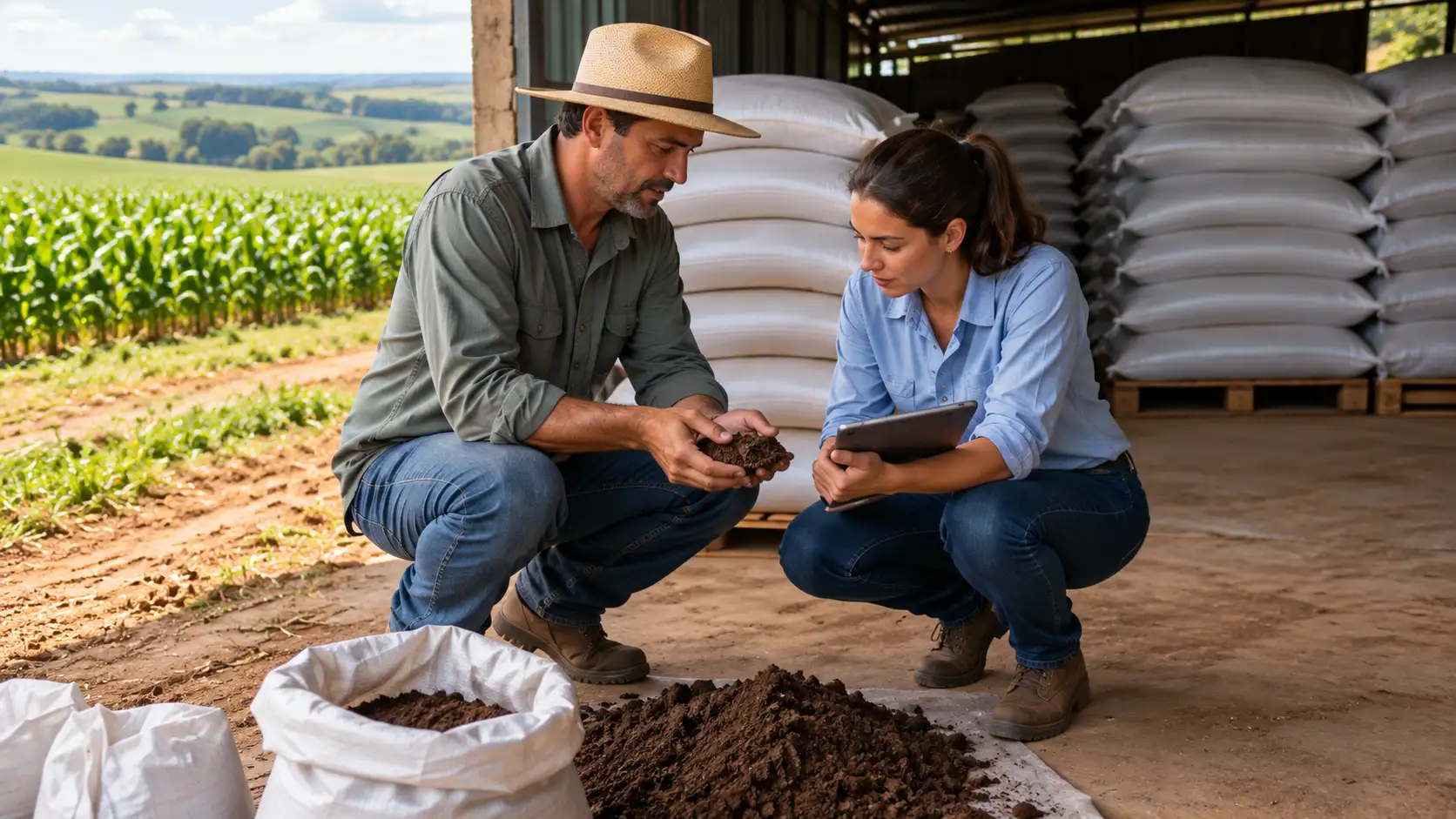 Agricultor e agrônoma examinam amostras de solo em um depósito de insumos.