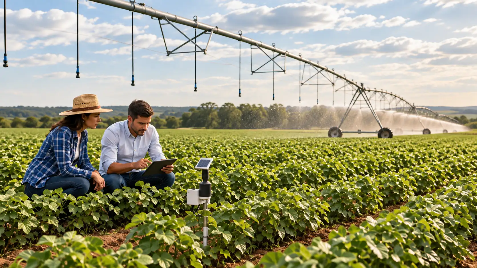 Produtora e engenheiro inspecionam sistema inteligente de irrigação.