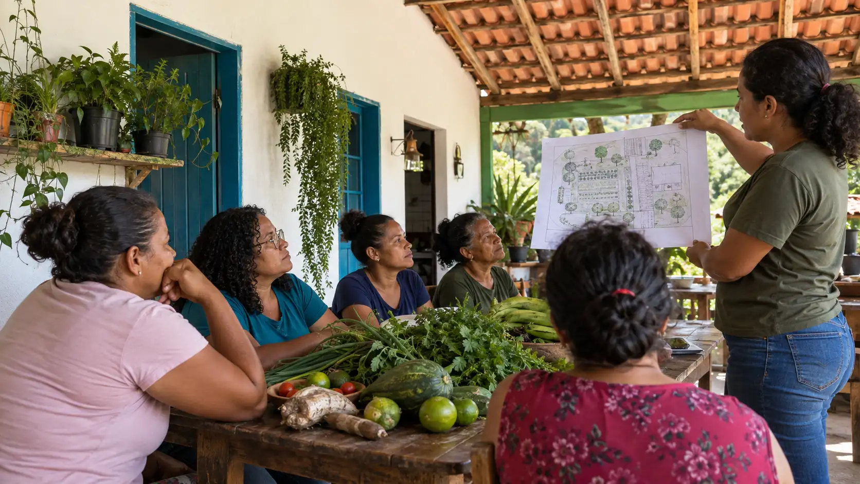 Mulheres produtoras discutem um projeto de investimento coletivo no campo.