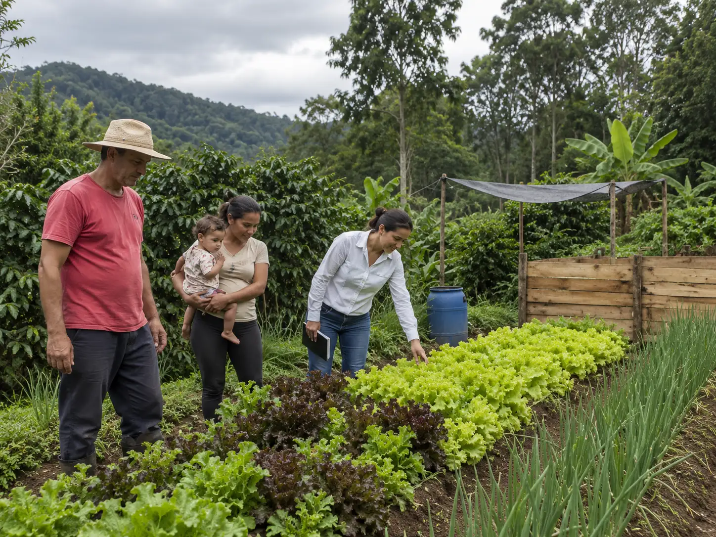 Agricultores e agrônoma caminham entre cultivos orgânicos diversificados.