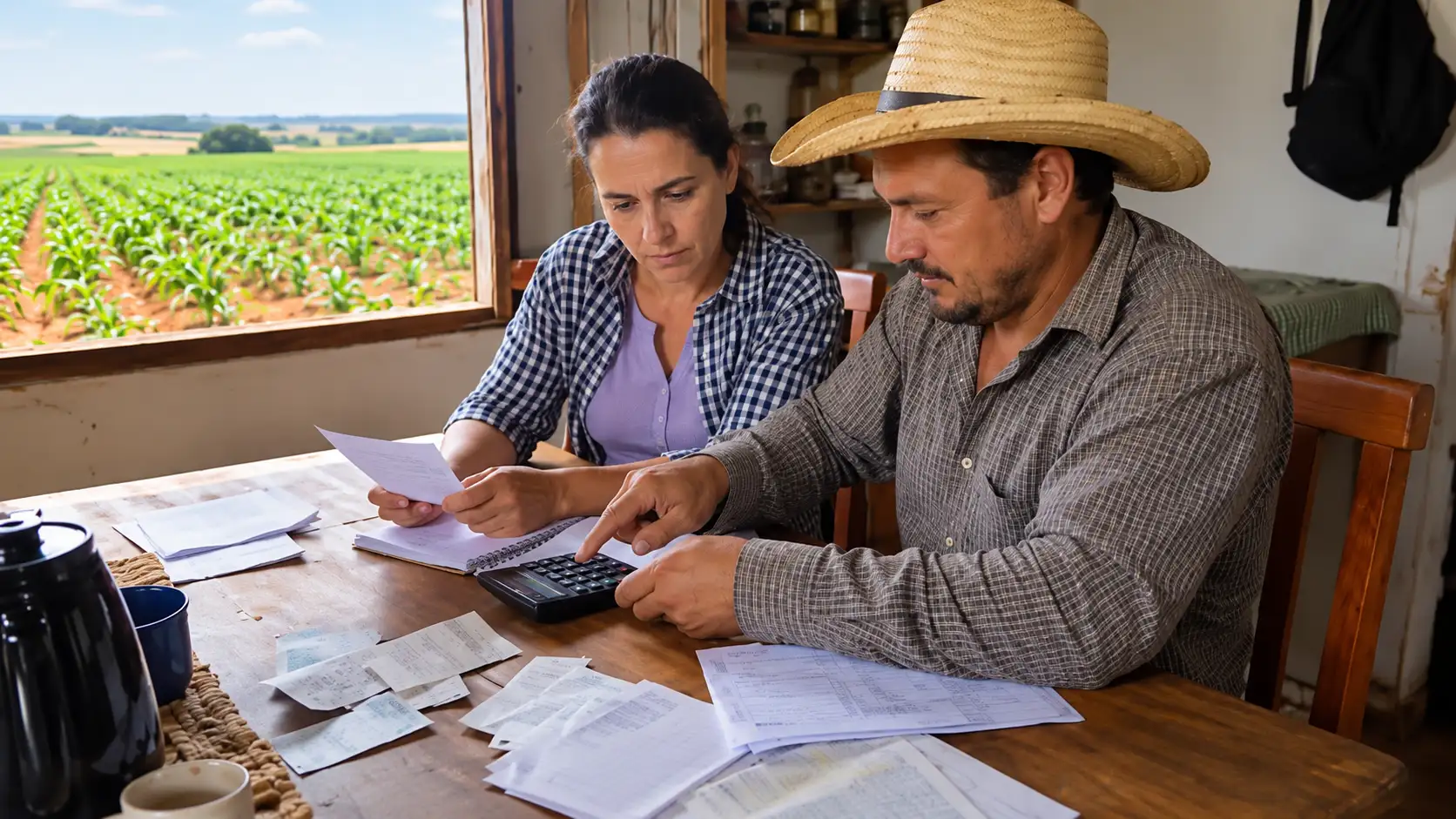 Casal de produtores organiza despesas agrícolas com papéis e calculadora.