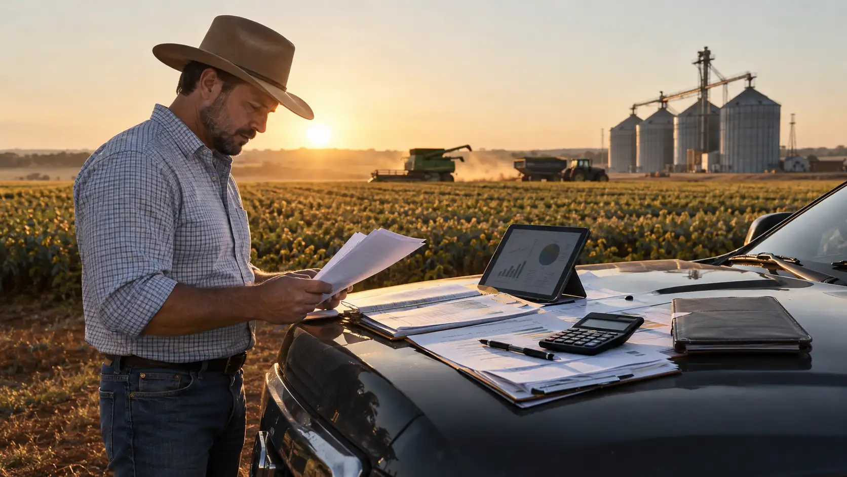Produtor rural analisando custeio antecipado da safra 2026/2027 para negociar crédito rural e taxas de juros menores