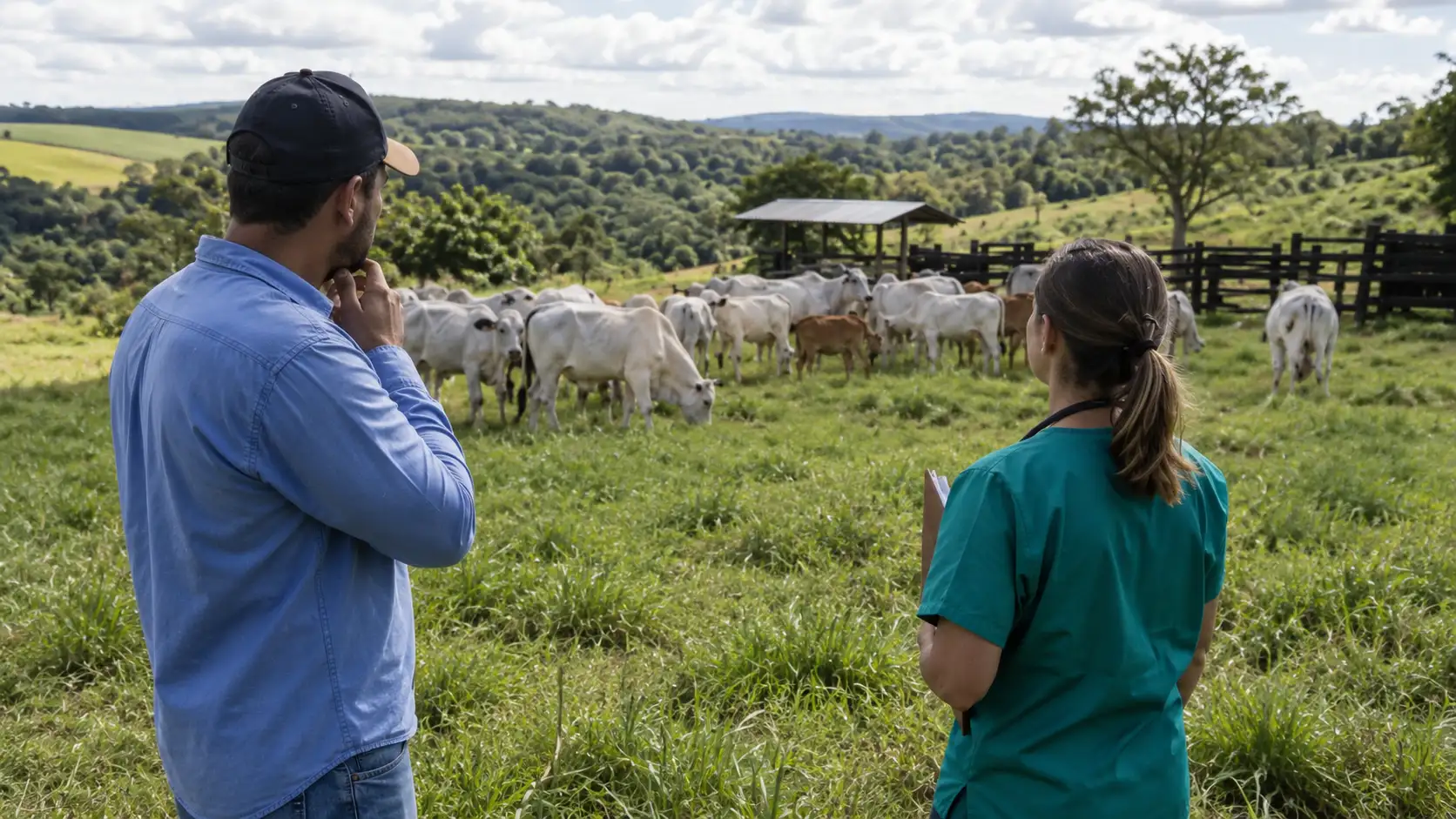 Pecuarista e veterinária avaliam matrizes e animais em engorda.