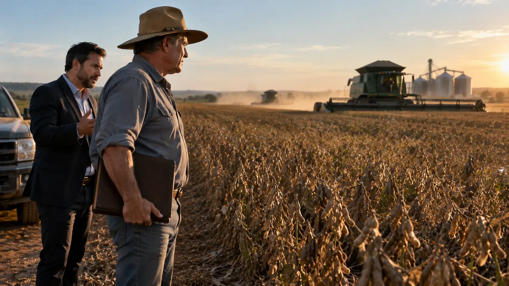 Produtor rural em lavoura com colheitadeira durante disputa por atraso no arrendamento agrícola e risco de despejo