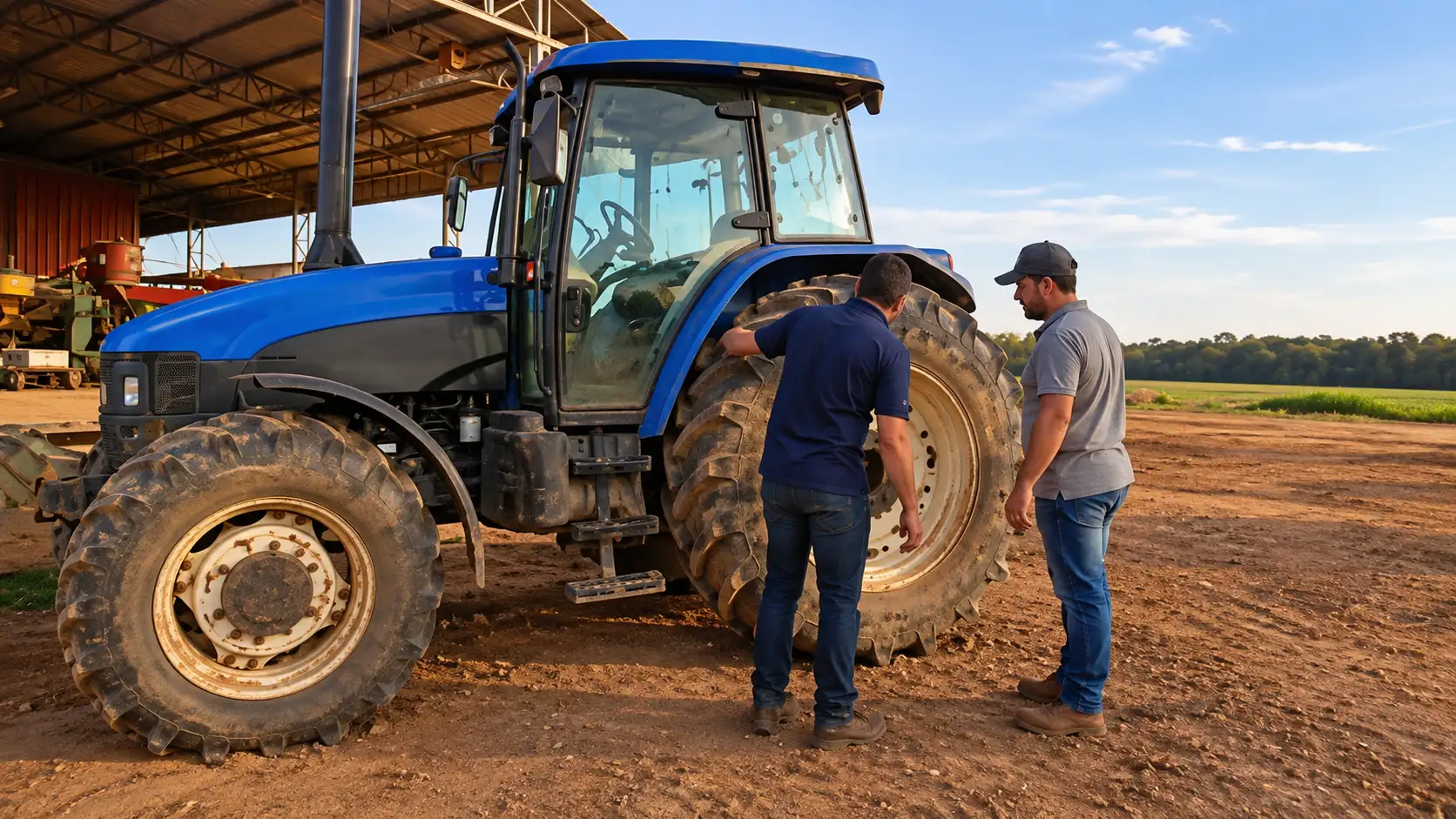Produtor e mecânico inspecionam o pneu de um trator na fazenda.