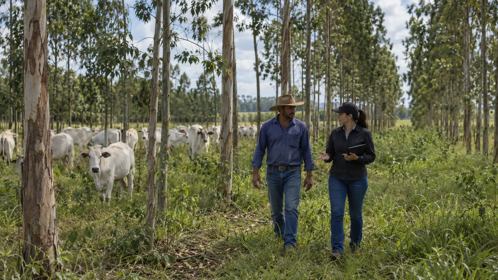 Produtor e engenheira florestal percorrem uma área de integração lavoura-pecuária-floresta.