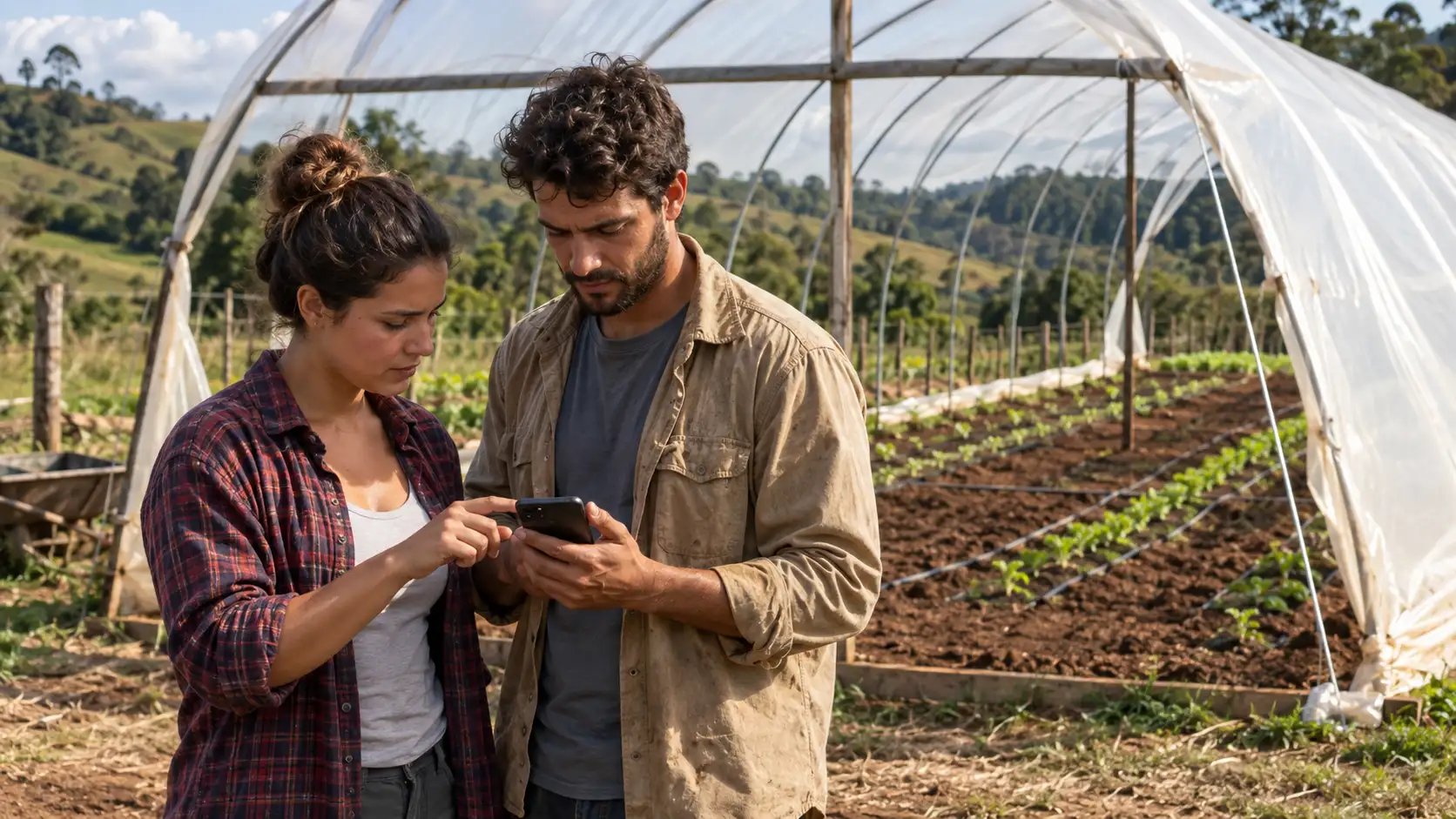 Jovens agricultores trabalham na implantação de uma estufa rural.