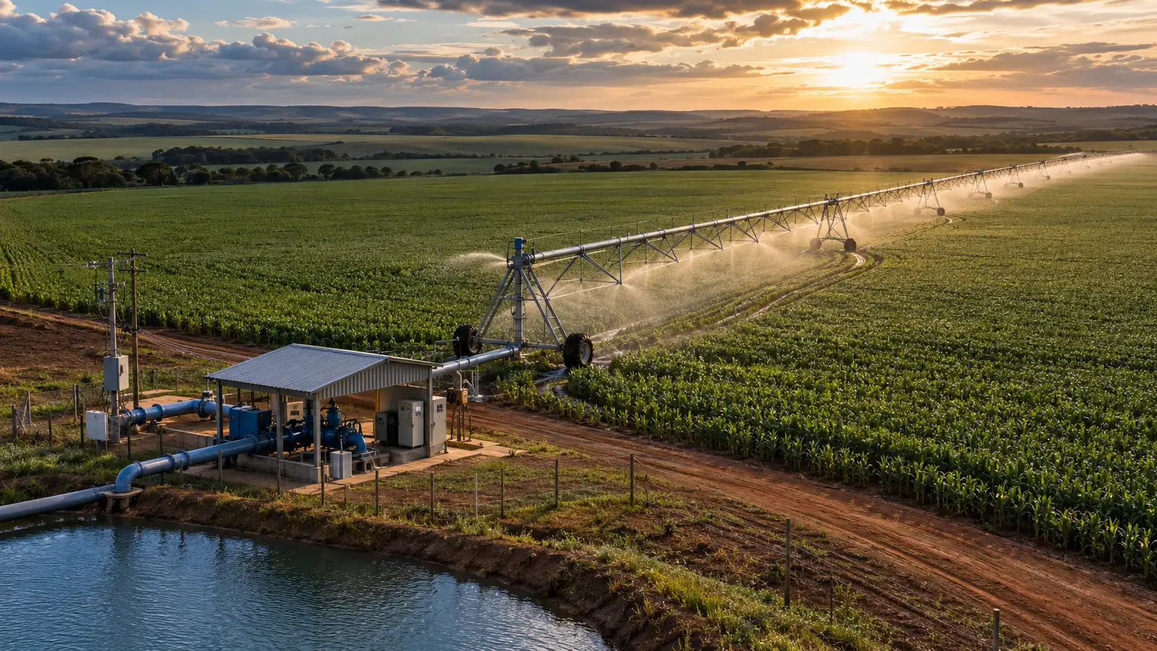 Pivô central de irrigação em lavoura comercial com sistema de bombeamento e infraestrutura agrícola moderna.
