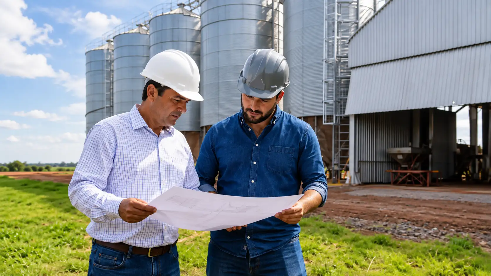Produtor e engenheiro analisam projeto de construção de silos.