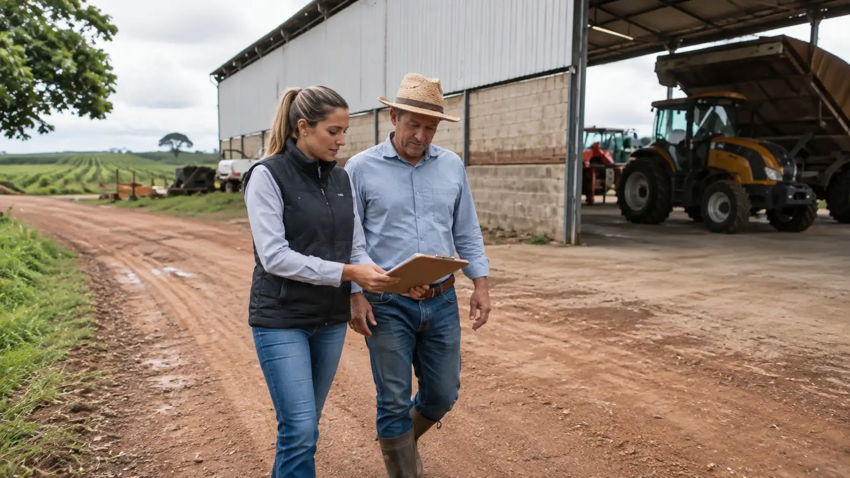 Avaliadora e produtor inspecionam bens de uma propriedade rural.