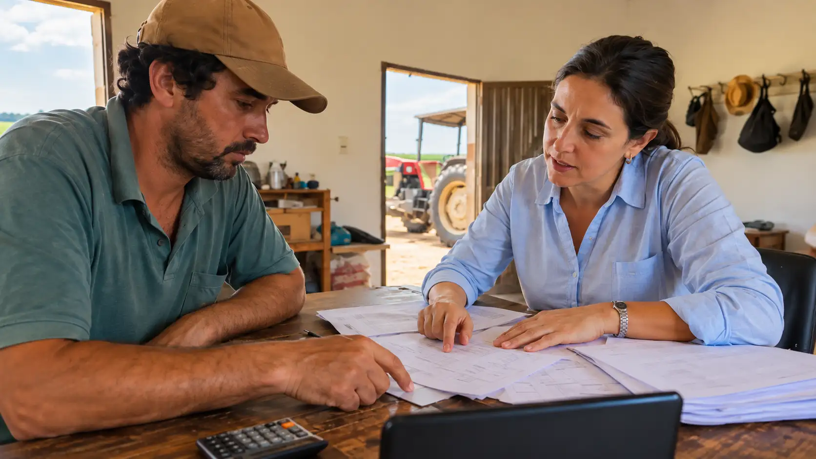 Produtor e assessora conferem cláusulas de uma cédula de crédito rural.