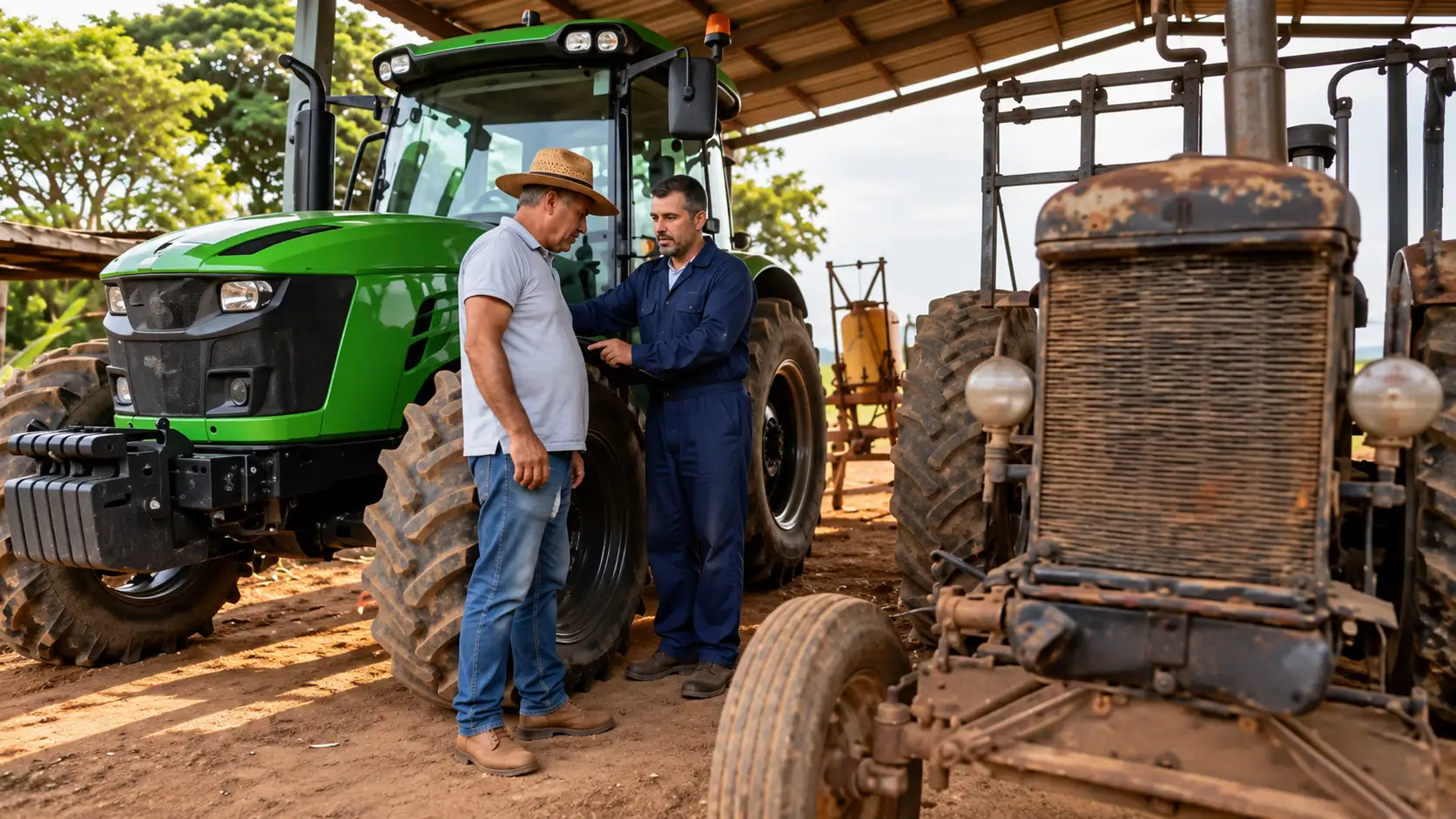 Produtor e mecânico avaliam tratores para renovação da frota.