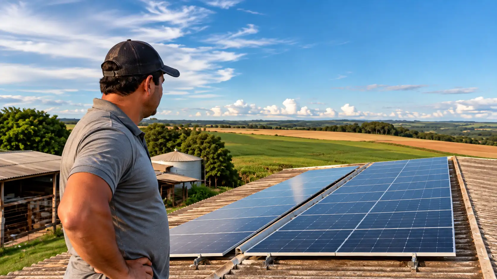 Produtor inspeciona painéis solares instalados em uma fazenda.