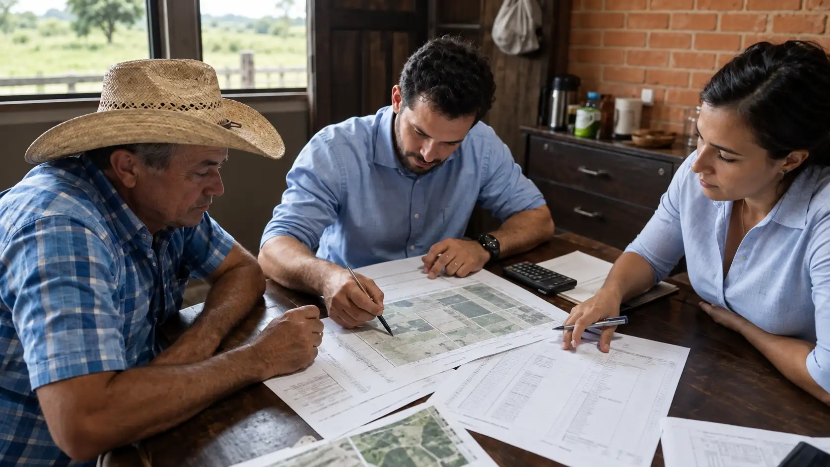 Equipe revisa planilhas e contratos de crédito de uma grande propriedade rural.