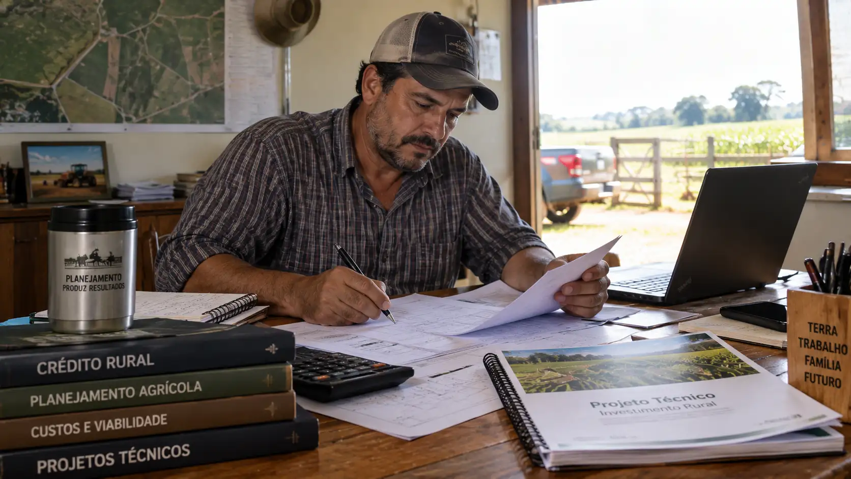 Produtora e engenheiro agrônomo elaboram um projeto técnico rural.