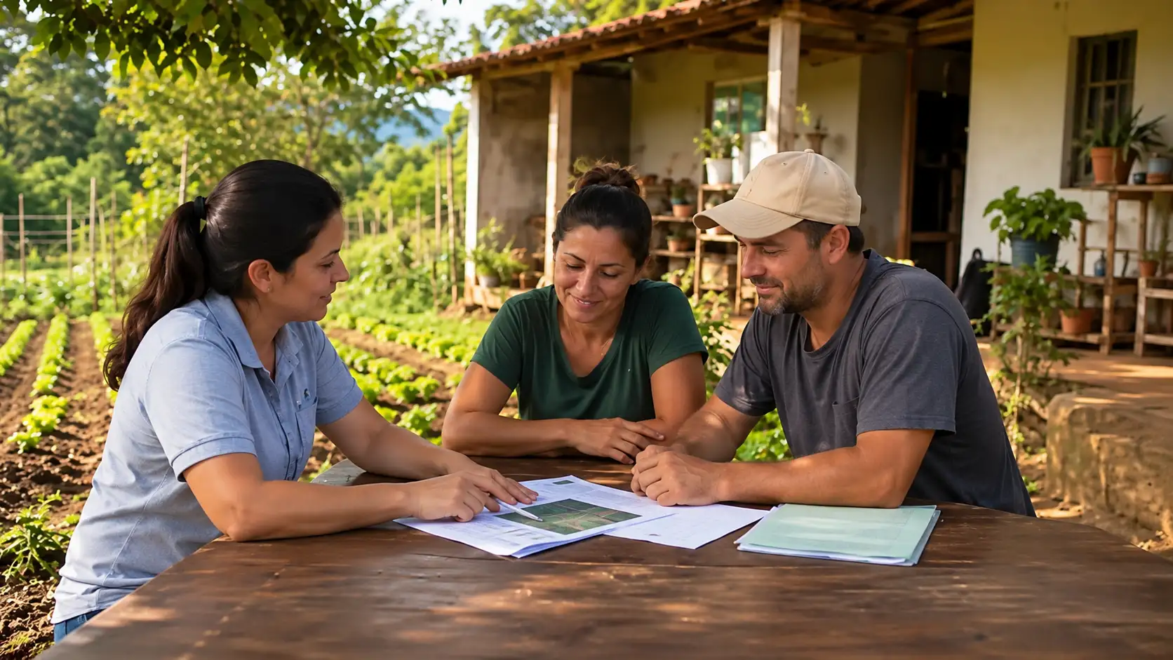 Família de agricultores analisa documentos do Pronaf com uma agente de crédito na propriedade rural.