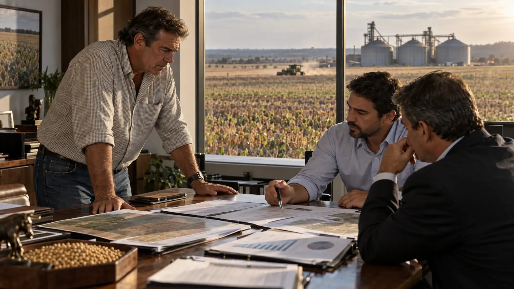Produtor rural negociando contrato de barter de grãos após frustração de safra com representantes de uma multinacional.
