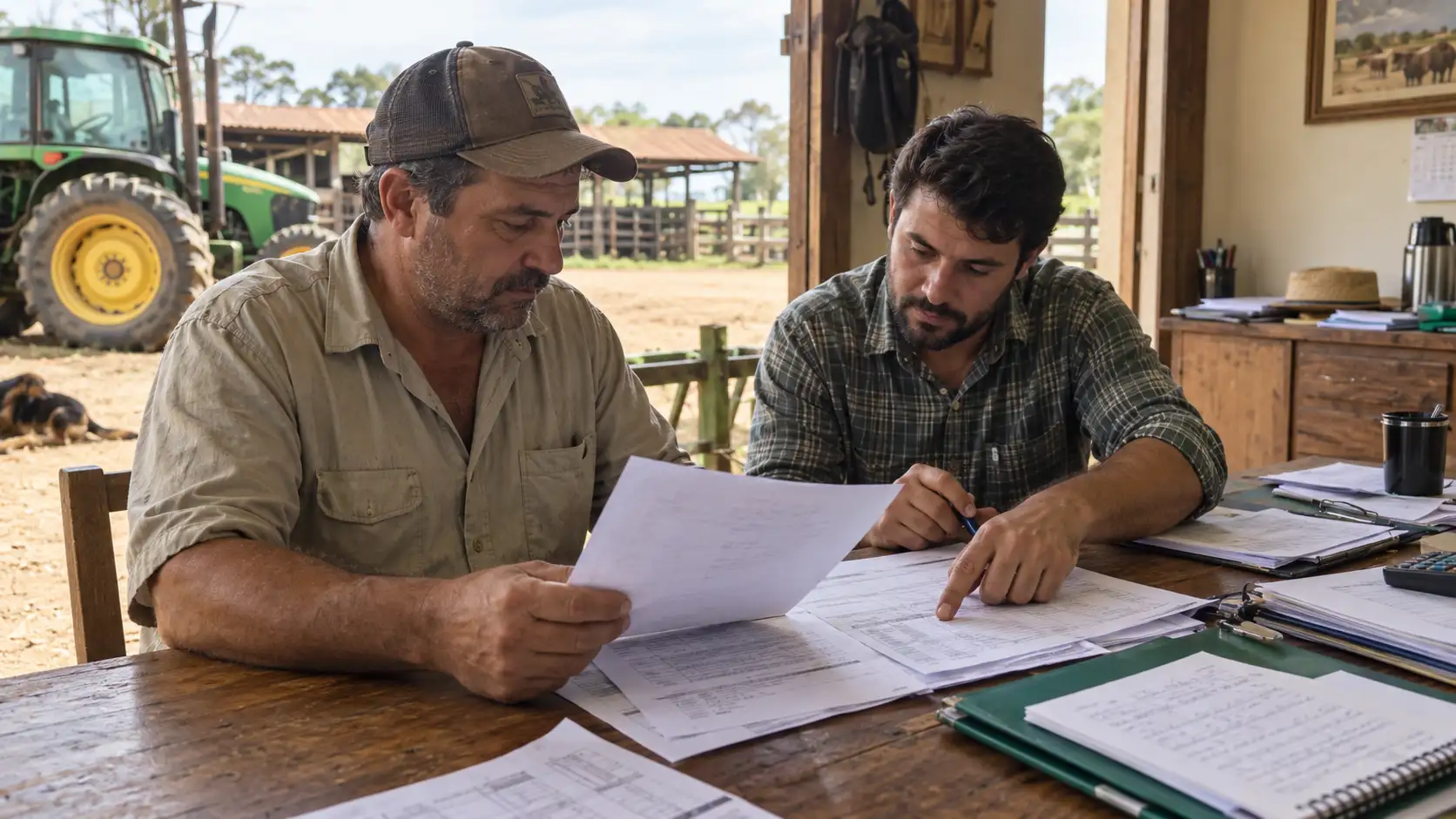 Dois homens revisam documentos e cálculos de juros de uma dívida rural.