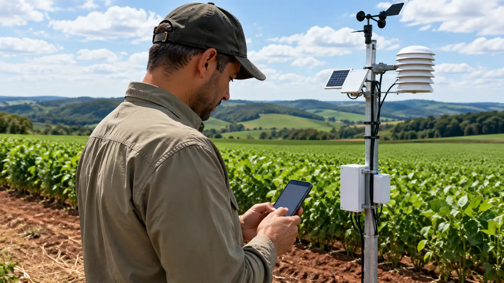 Agricultor consulta dados climáticos ao lado de uma estação meteorológica.