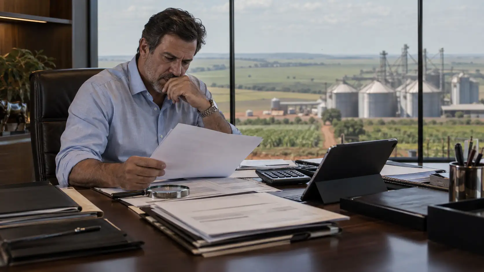 Produtor rural analisando contrato bancário sobre teto de juros do Manual de Crédito Rural